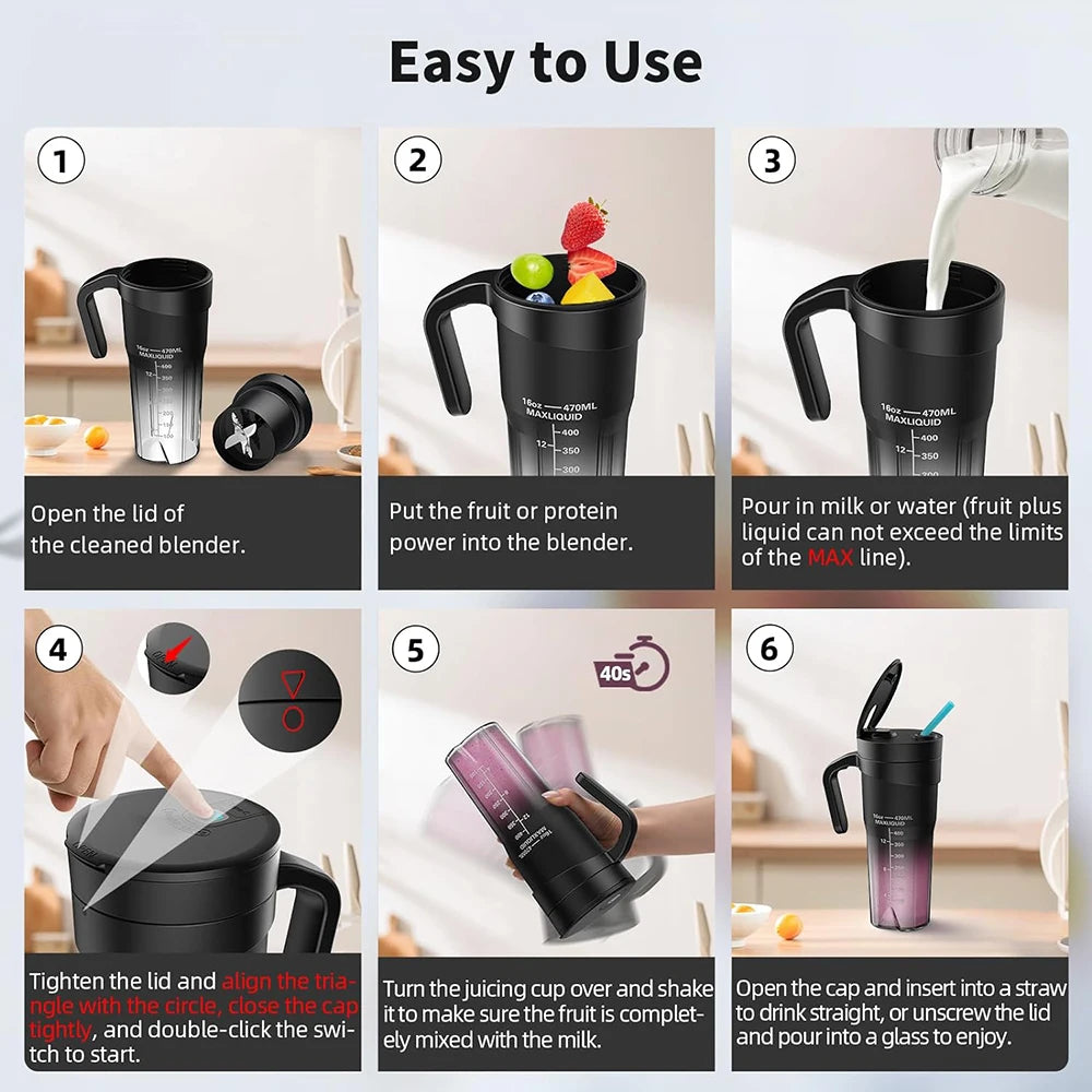 Portable Fruit Juicer - Rechargeable Mini Blender with 6 Sharp Blades for Shakes and Smoothies
