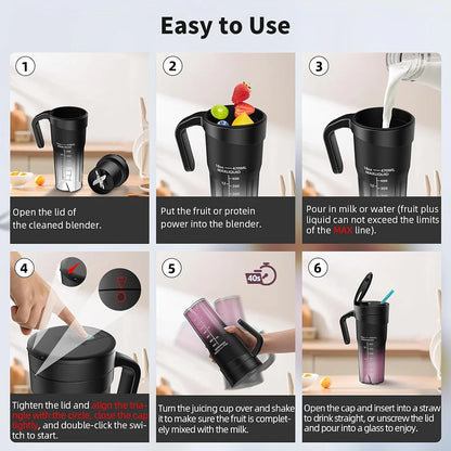 Portable Fruit Juicer - Rechargeable Mini Blender with 6 Sharp Blades for Shakes and Smoothies