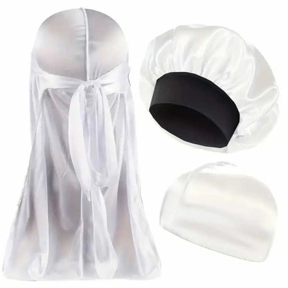 3PCS Durag & Satin Bonnet Set - Solid Color Night Cap and Lightweight Dome Hat Hair Accessories