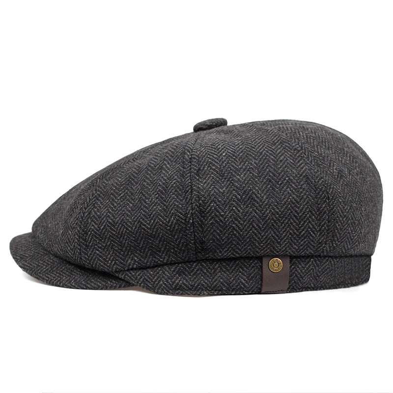 Men's Retro Newsboy Cap - Octagonal Flat Hat with Herringbone Design, British Painter Style Beret for Autumn and Winter