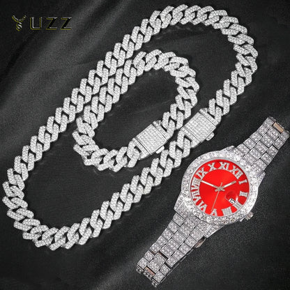 3pcs Men’s Cuban Chain Watch & Jewelry Set – Hip Hop Miami Curb Iced Out Rhinestone Necklace, Suit Watch & Bracelet