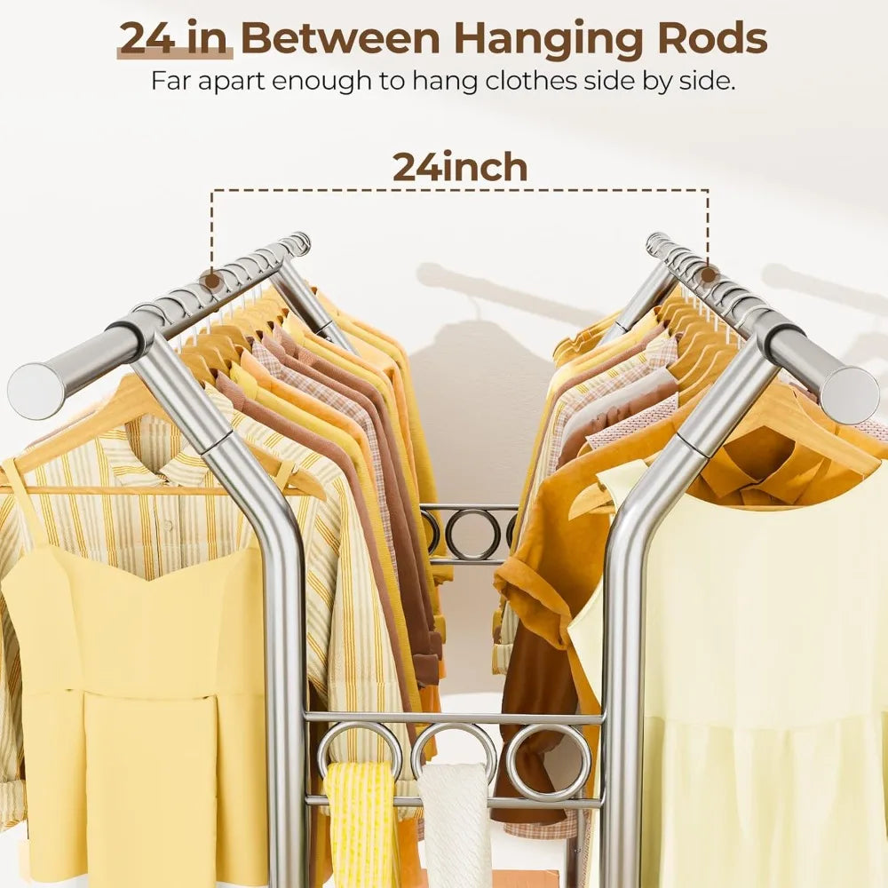 Rolling Double Rod Clothing Rack with Shelves – Heavy Duty Coat Rack for Hanging Clothes, 620LBS Load Capacity