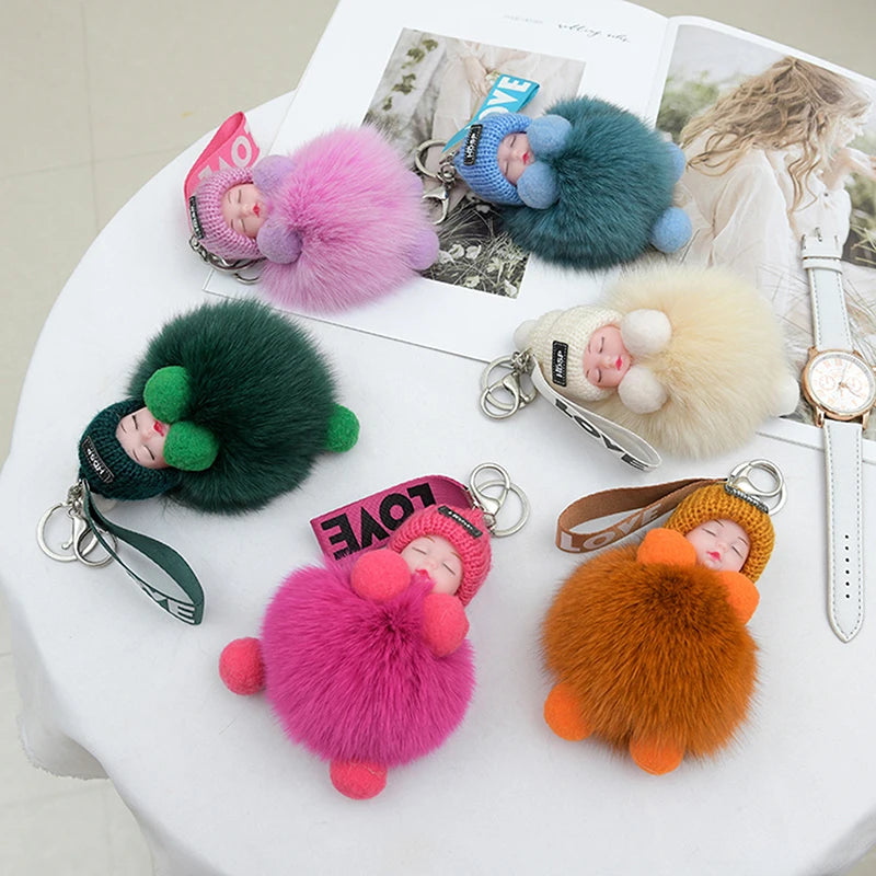 Cute Pompom Sleeping Baby Keychain - Fluffy Plush Doll Bag Charm, Key Ring & Gift for Women and Girls