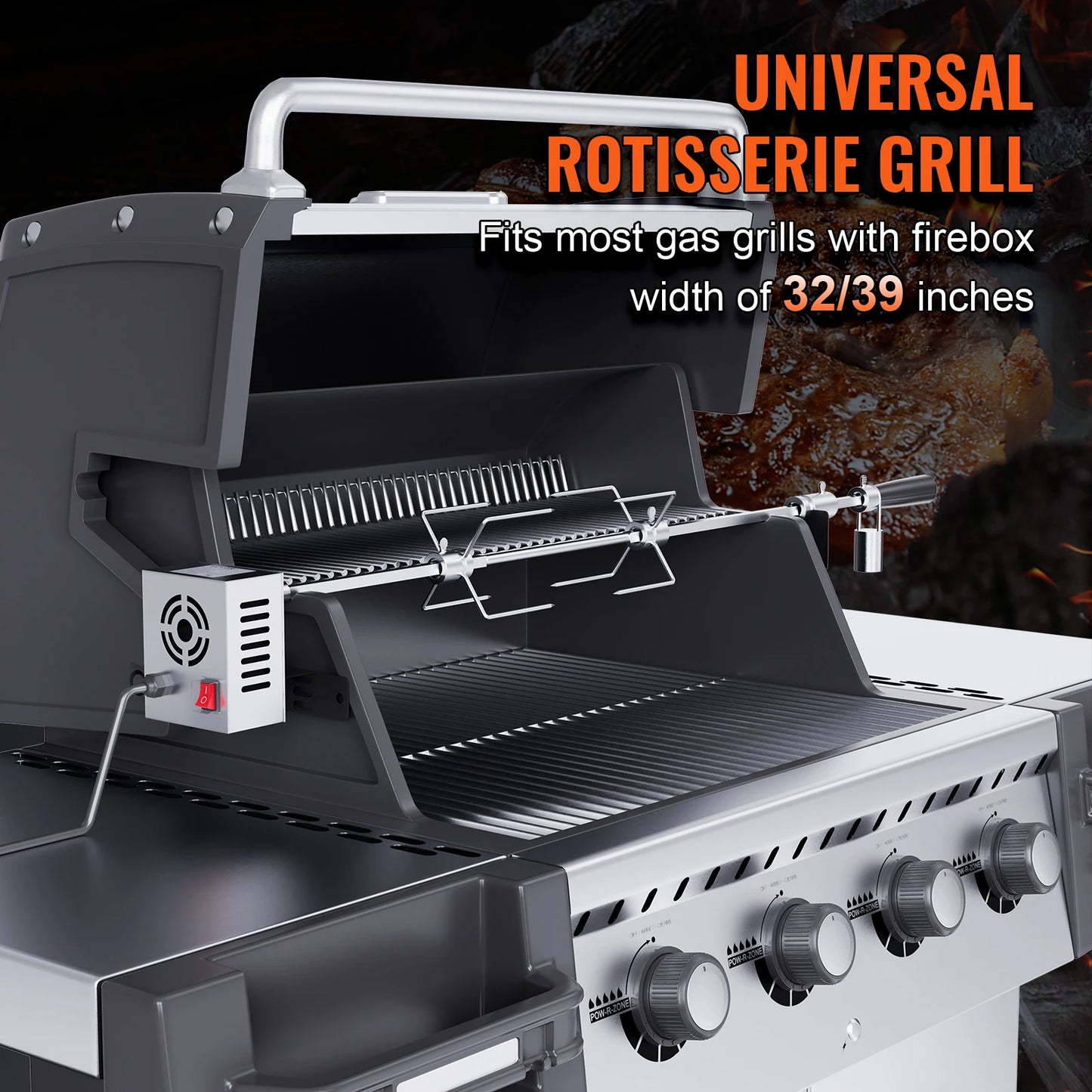 SucceBuy Universal Grill Rotisserie Kit – 9W Motor Stainless Steel Electric BBQ Automatic Grilling Set