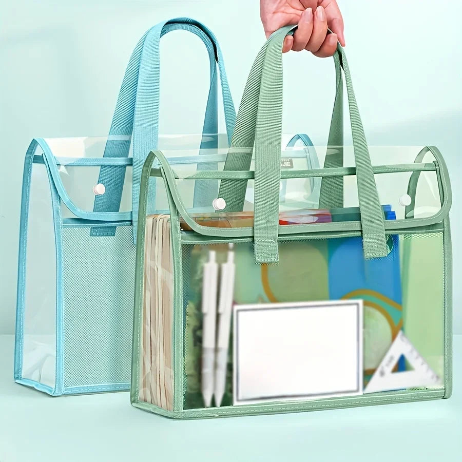 Large Capacity Transparent Waterproof Portable Folder – Expandable PVC Handheld File Storage Bag with Self-Adhesive Design