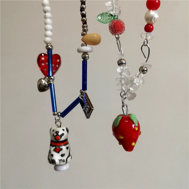 Y2K Strawberry Charm Choker Necklace - Ceramic Dog Pendant Acrylic Beaded Colorful Bow Aesthetic Jewelry for Women