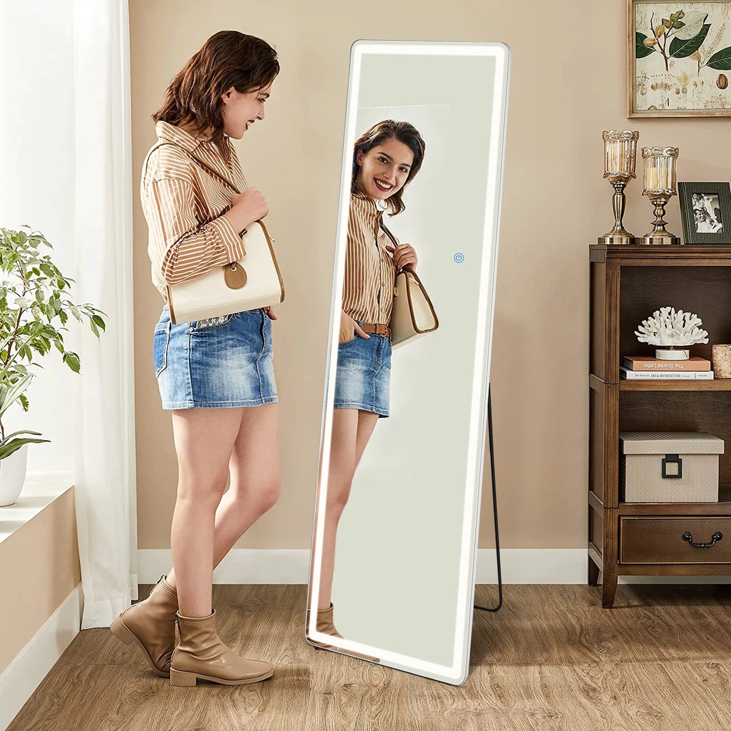 LED Full-Length Mirror – 64"x21" Standing or Wall-Mounted with Aluminum Alloy Frame for Living Room
