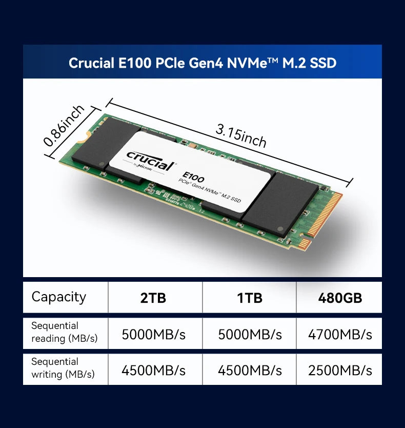 Crucial NVMe M.2 SSD – 480GB/1TB/2TB PCIe 4.0x4 5000MB/s for PS5, Laptop, PC