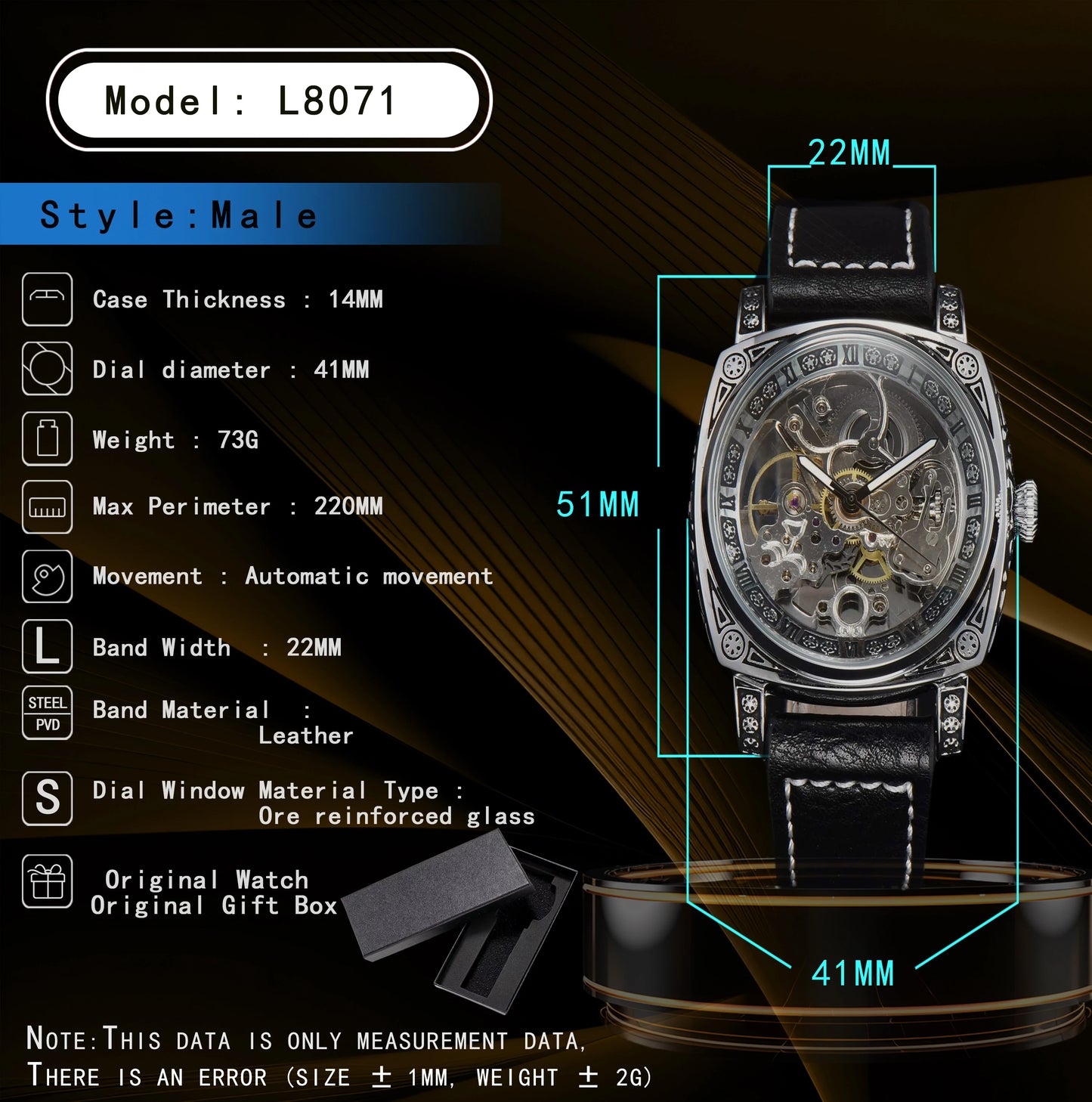 LONGLUX Automatic Mechanical Skeleton Watch – Retro Style Waterproof Leather Men’s Wristwatch, No Logo