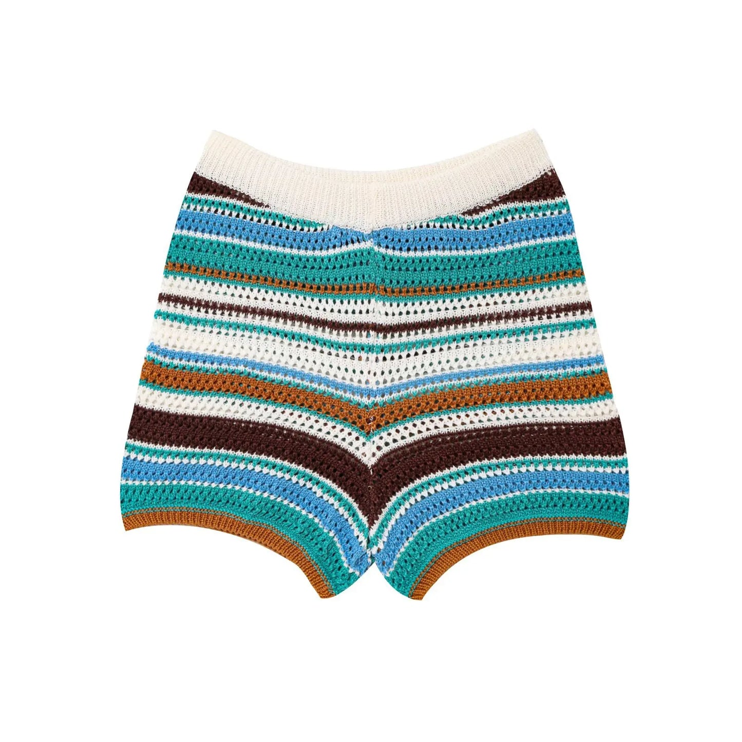 Women Y2K Patchwork Striped Crochet Knit Crop Sweater & Shorts Set – Hollow Out Short Sleeve Polo Collar Outfit