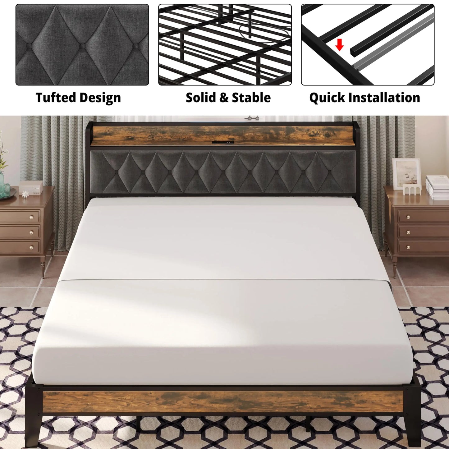 ANCTOR Bed Frame – Twin to California King Sizes, Storage Headboard with Outlets, No Noise, No Box Spring Needed