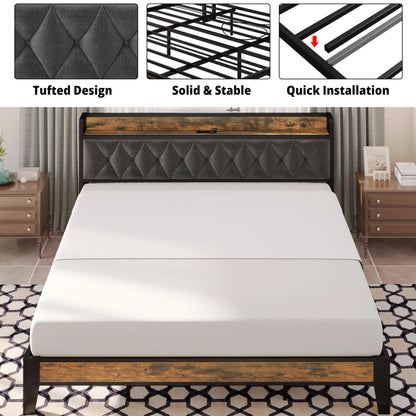 ANCTOR Bed Frame – Twin to California King Sizes, Storage Headboard with Outlets, No Noise, No Box Spring Needed