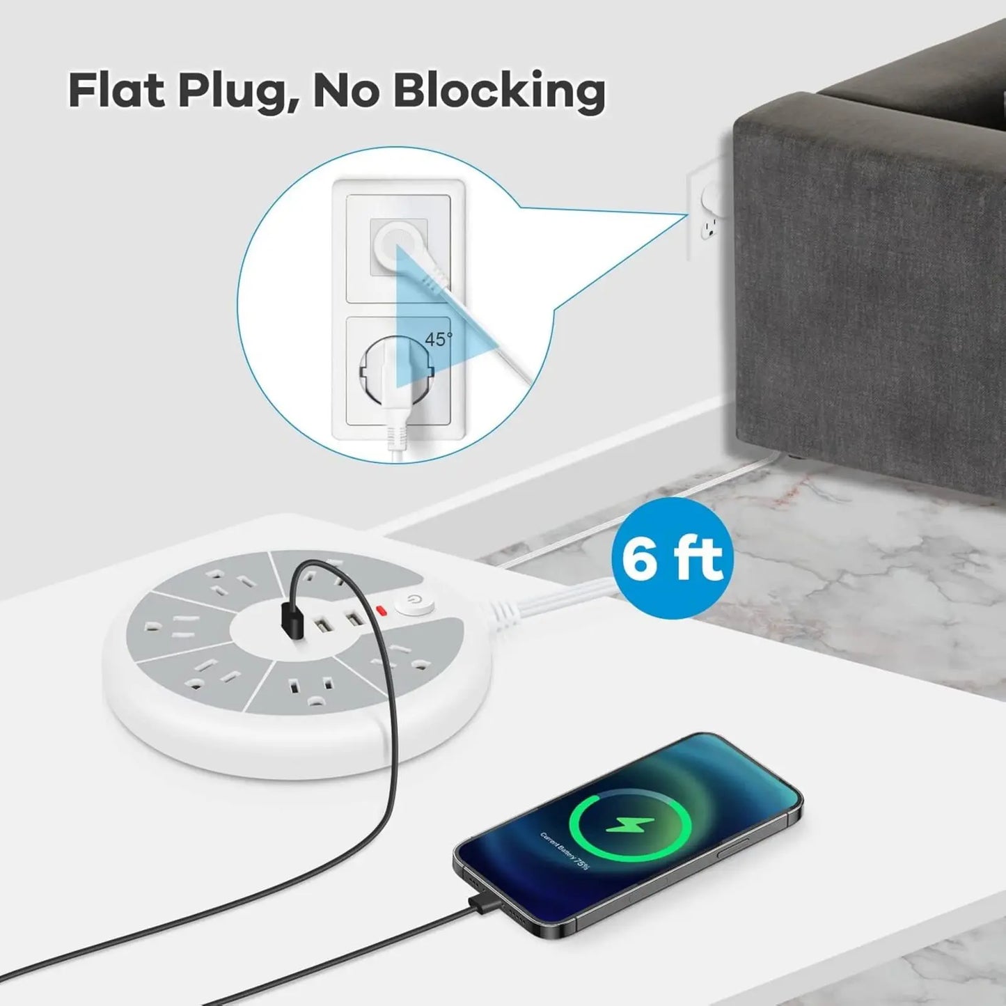 American Standard Disc Power Strip – 3 USB Socket Surge Protector for Office, School & Home Use