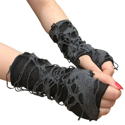 Gothic Fingerless Gloves - Unisex Stretchy Distressed Fashion Party Wear