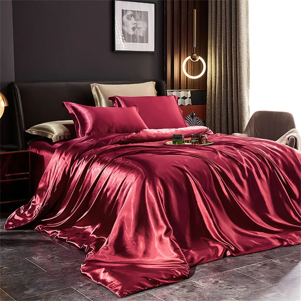 Luxury Silk Bedding Set - Satin Duvet Cover Bed Sheet & Pillowcase Set for Single Double King Queen Twin Beds