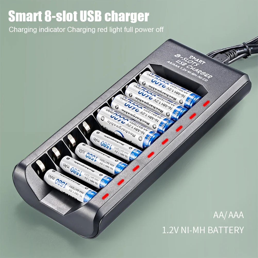 8-Slot Fast USB Rechargeable Battery Charger – AA/AAA NiMH 1.2V with Short Circuit Protection & USB Output