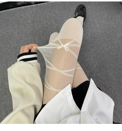 Lolita Bowknot Straps Stockings: Cute Long Tights Socks for Women - Black & White Sexy Lingerie, Perfect for OnlyFans Media
