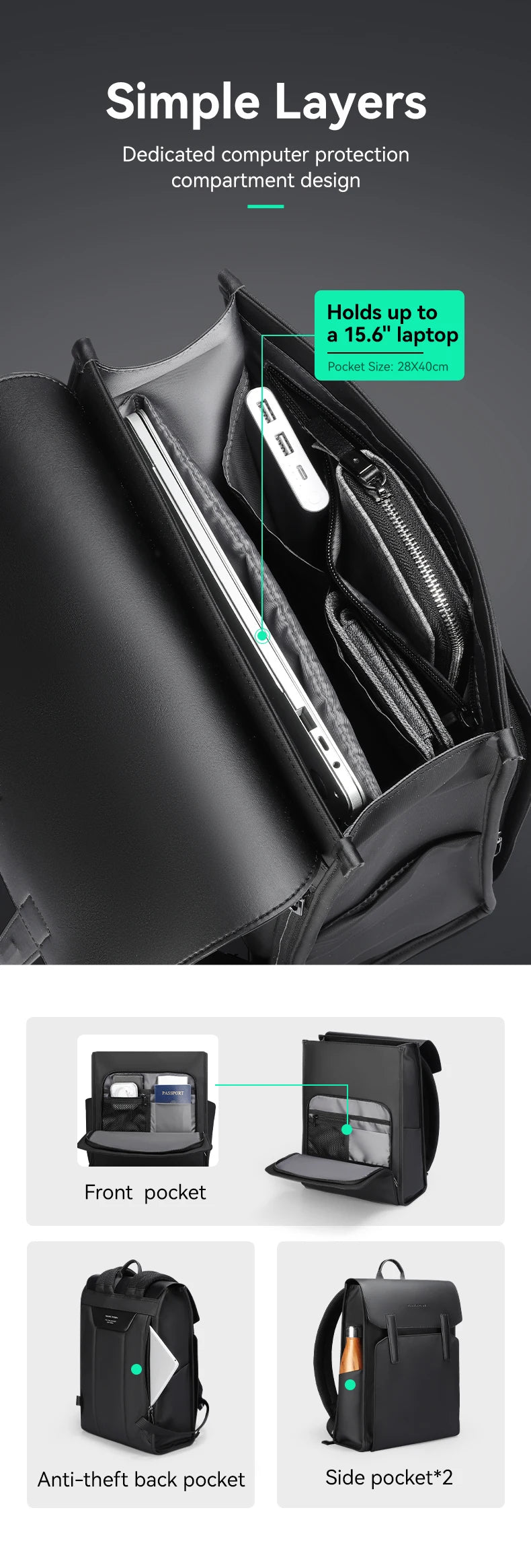 Mark Ryden Classic Business Black Leather Backpack – 15.6" Laptop, Waterproof, School & Work Bag for Men