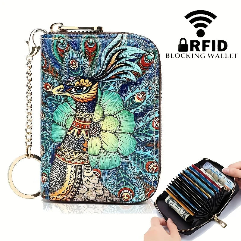 RFID Leather Card Holder Wallet with Zipper & Key Ring – Slim Credit Card Case & Coin Purse for Men and Women