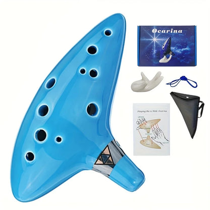 12 Tone Alto C Ocarina – Ceramic Musical Instrument with Songbook, Neck Cord & Carry Bag, Blue