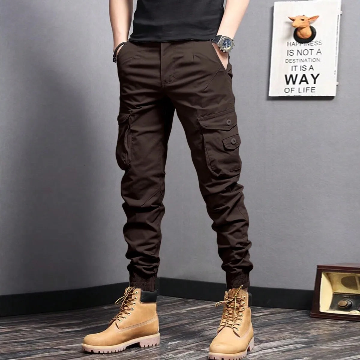 Men's Casual Cargo Pants — Side Flap Pocket Tapered Workwear for Spring & Fall Outdoor Activities