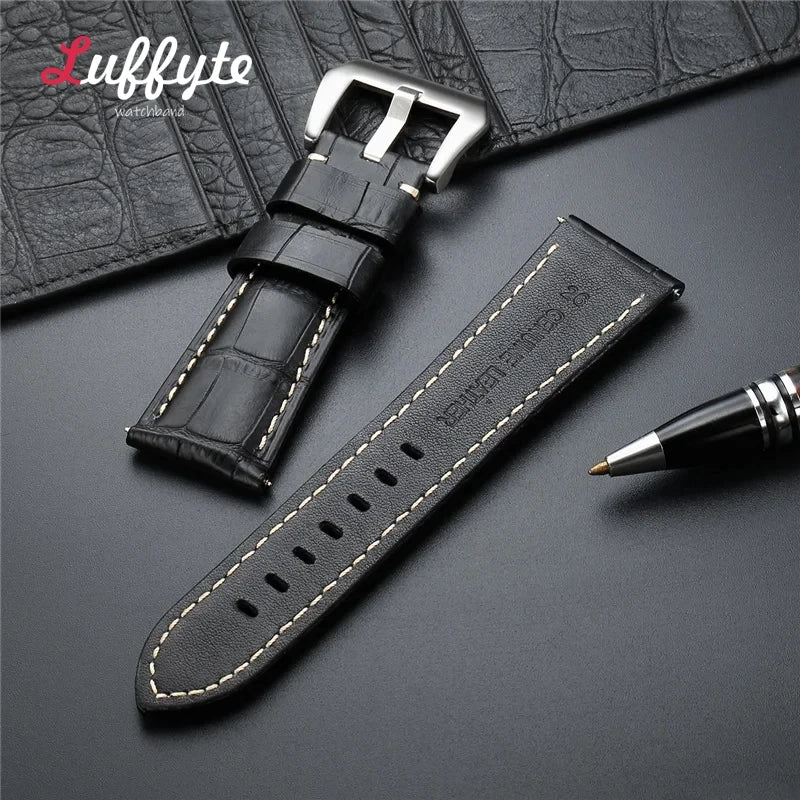 High-Quality Genuine Leather Watch Strap – 20mm-26mm Men's Band in Black, Brown & Blue