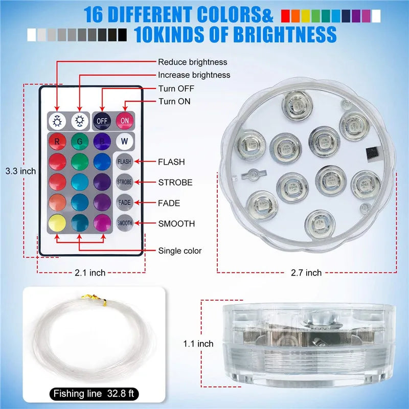 10LED RGB Submersible LED Light – Battery Operated Underwater Night Lamp for Pool, Garden, Wedding & Vase Decorations