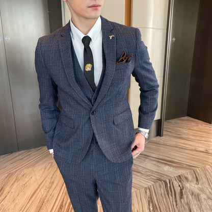 Men’s British Korean Plaid Three-Piece Suit – Stylish Business Casual Set with Blazer, Vest & Trousers