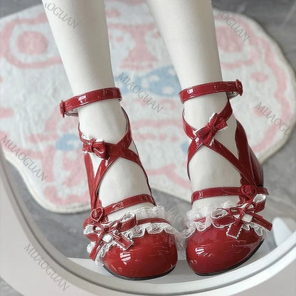 Lolita Red High Heels – Cute Lace Mary Jane Pumps for Women, Patent Leather Thick Heel Shoes