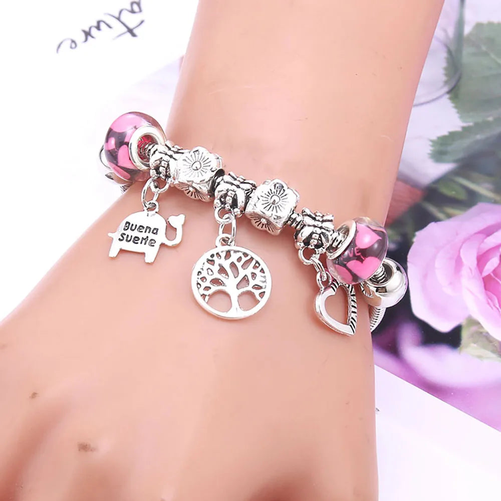Pink Charm Bangle - Butterfly Snake Chain Bracelet with Beads and Lobster Clasp for Women
