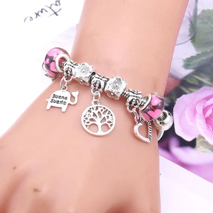 Pink Charm Bangle - Butterfly Snake Chain Bracelet with Beads and Lobster Clasp for Women