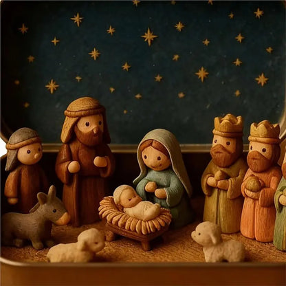 Mini Christmas Nativity Set - Pocket Size Tin Box Jesus Birth Display Decor for Home, Office & Bedroom