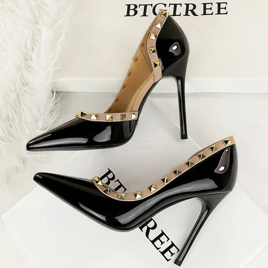 BIGTREE Women’s Rivet Patent Leather Pumps – 10.5cm Stiletto High Heels, Sexy Party Shoes, Large Size 43
