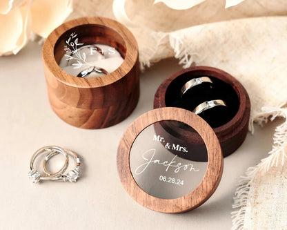Custom Logo Wooden Ring Box – Engraved Walnut Wood Wedding & Engagement Box with Name & Date