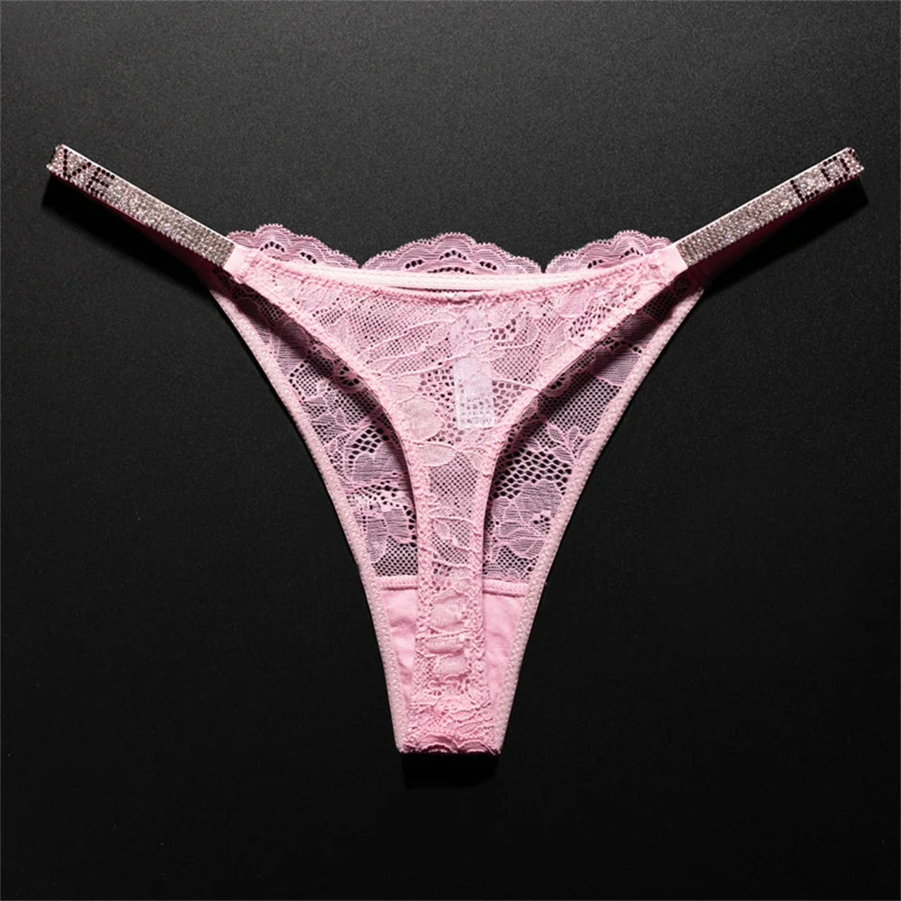 Women's Crystal Lace Thong - Sheer Transparent Breathable T-Back Lingerie Plus Size S-XL