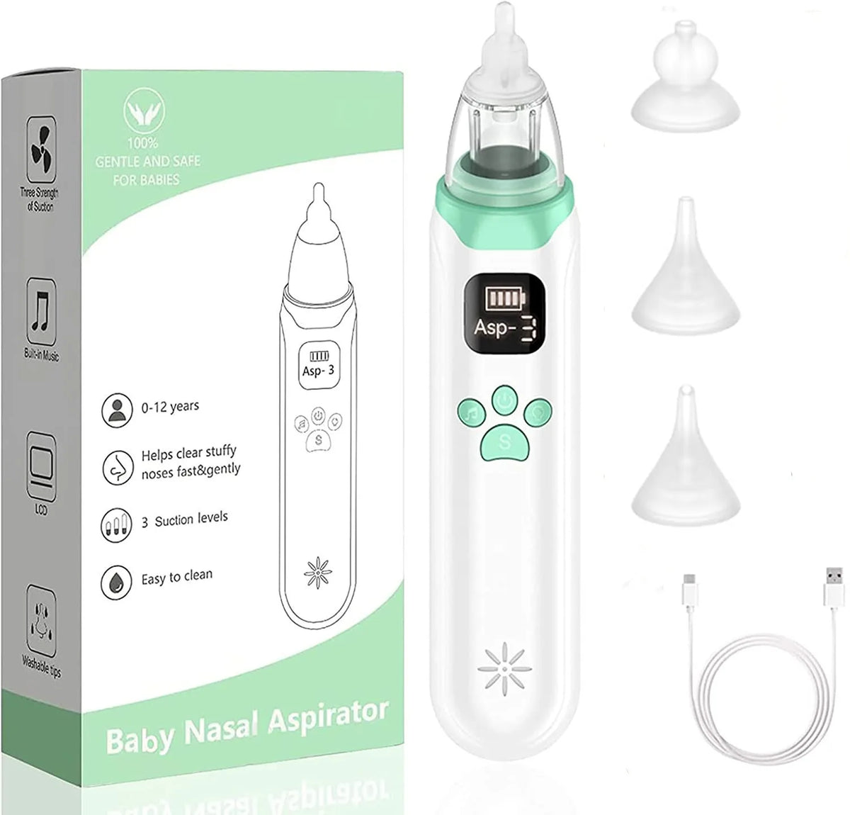 Electric Baby Nasal Aspirator - Adjustable Suction Nose Cleaner with 3 Silicone Tips and Low-Noise Design