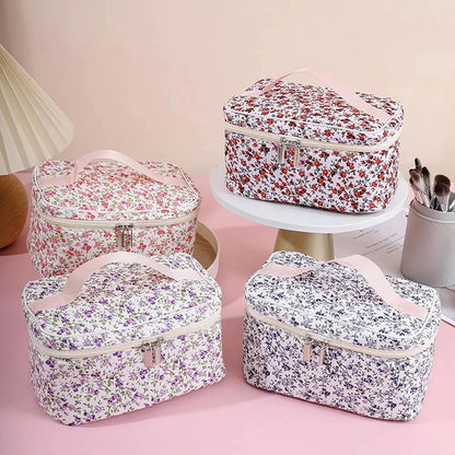 Cotton Floral Cosmetic Pouch – Dual Zipper Makeup Organizer, Portable Travel Storage & Wash Bag