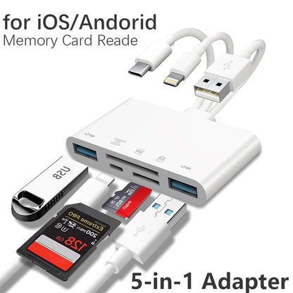 5-in-1 SD Card Reader USB Hub – USB 3.0 Type-C OTG Adapter for iPhone, iPad, MacBook, SD & TF Memory Cards