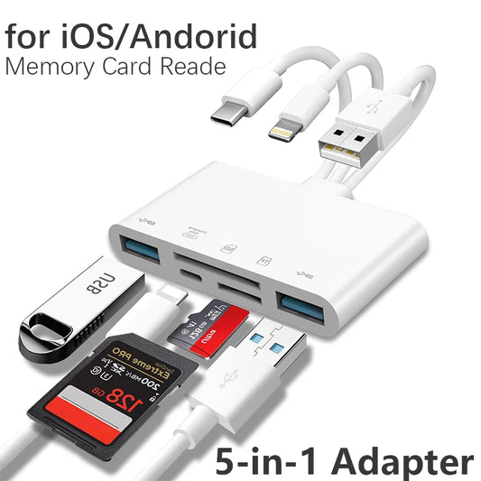 5-in-1 SD Card Reader USB Hub – USB 3.0 Type-C OTG Adapter for iPhone, iPad, MacBook, SD & TF Memory Cards