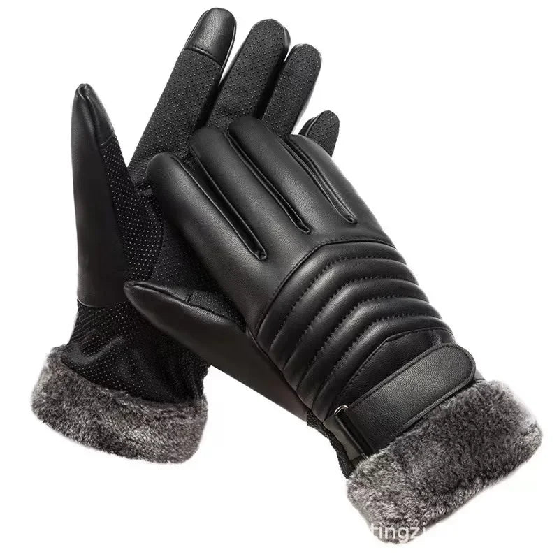 Men's Winter Fur Lined Gloves - Warm Insulated PU Touch Screen Gloves for Cycling, Motorcycle and Outdoor Use