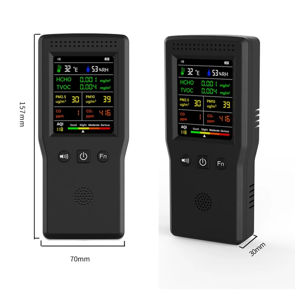 9-in-1 Air Quality Detector – Digital LCD Monitor for PM2.5, PM10, HCHO, TVOC, CO, CO2, AQI, Temperature, and Humidity
