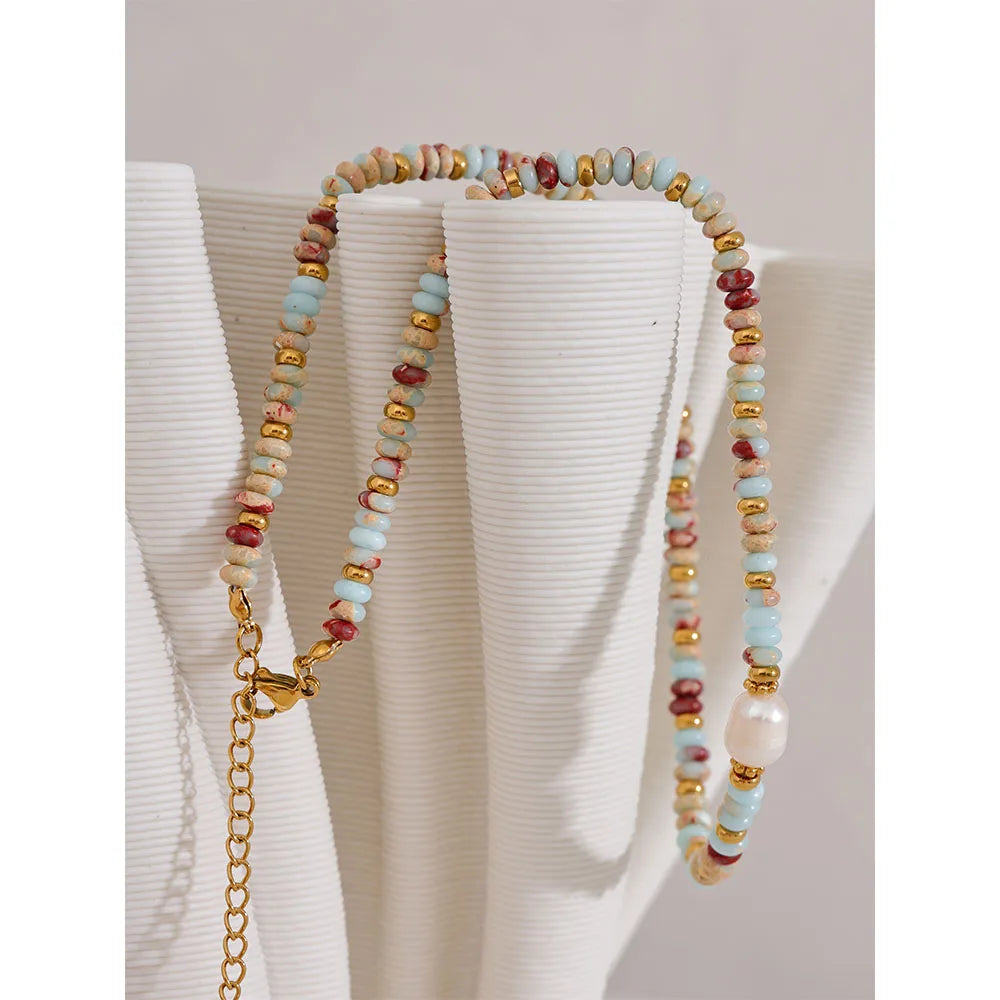 Yhpup Natural Stone & Freshwater Pearl Necklace – Stainless Steel Handmade Beaded Collar Chain Jewelry Gift