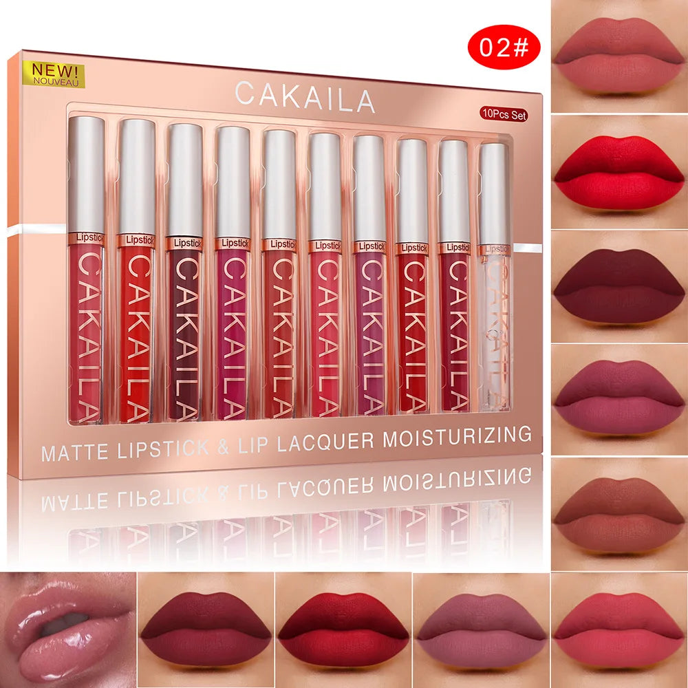 CAKAILA 10-Piece Nude Matte Lip Gloss Set – Waterproof Velvet Liquid Lipstick & Moisturizing Lip Tint for Women
