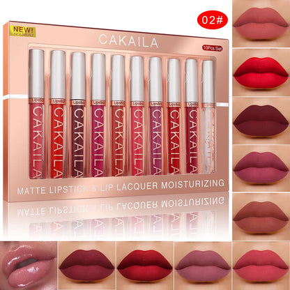 CAKAILA 10-Piece Nude Matte Lip Gloss Set – Waterproof Velvet Liquid Lipstick & Moisturizing Lip Tint for Women