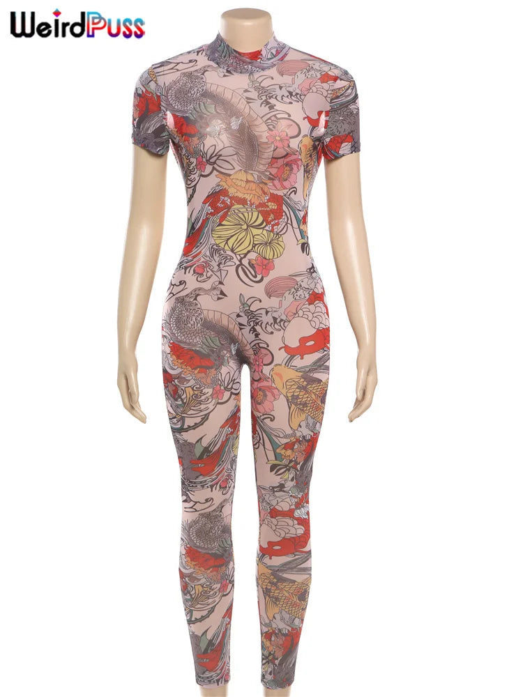 Weird Puss See-Through Jumpsuit for Women - Backless Dragon Print Short Sleeve Fitness & Workout Slim Stretch Clubwear