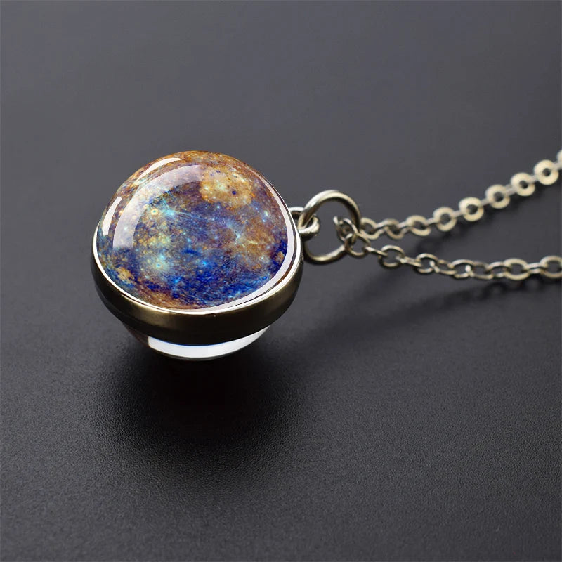 Solar System Universe Space Necklace - Two-Sided Glass Ball Pendant with Moon, Sun, Earth and Planets, Nebula Jewelry for Women and Men