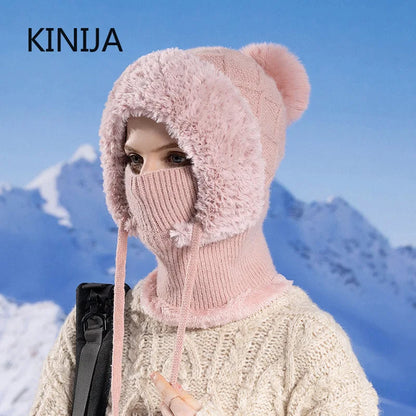 Women's Winter Velvet Knitted Woolen Balaclava - Fluffy Ear Protection Mask with Integrated Neck Warmer, Hooded Cap for Ladies