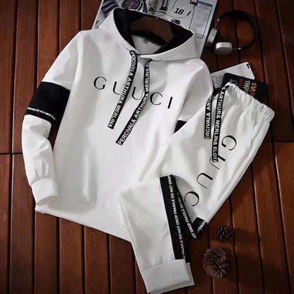 Men's Fashion Tracksuit Set – Hoodie & Sweatpants with Trendy Print | Casual Black & White Jogger Outfit
