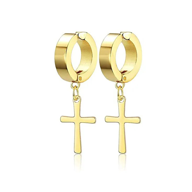 Gold Cross Huggie Hoop Earrings - Minimalist Dangle Charm Jewelry for Men & Women