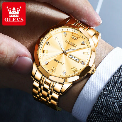 OLEVS Men's Gold Quartz Wristwatch – Waterproof Luminous, Rhombus Mirror with Date and Week, Luxury Dress Watch
